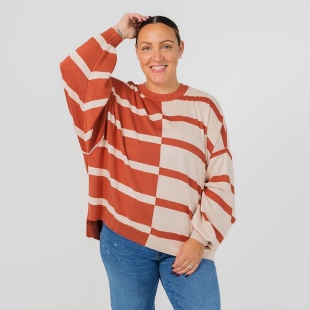 Burn Boot Camp Oversized Striped Crewneck Sweater Colorblock Drop Sleeve